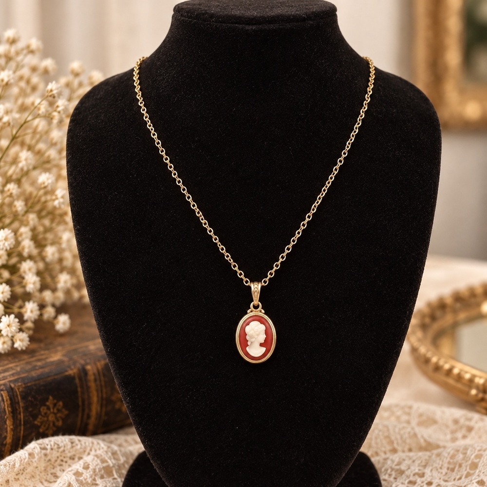 Vintage Red Cameo Pendant Necklace Gold Tone 18 Inch Chain Victorian Style